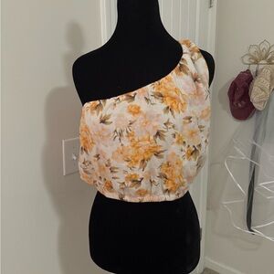 American Eagle Outfitters Floral One-Shoulder Tank Top - Orange and Cream